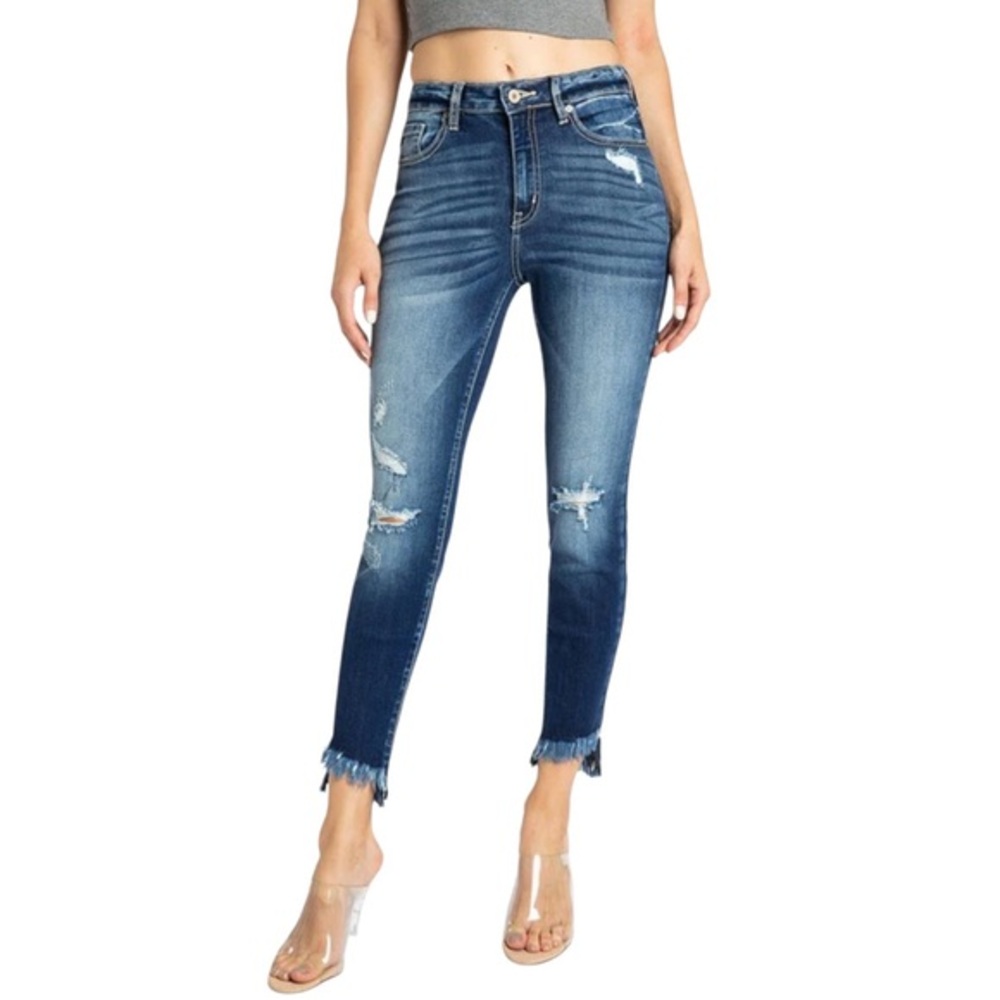 kanCan KC8343D Cotton Blend Dark Distress Ripped‎ Frayed Hem Ankle Jeans 7/27